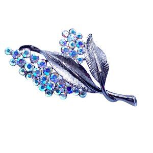 Vintage Alfred Sung Gray Tone Floral Brooch With Aurora Borealis Rhinestones